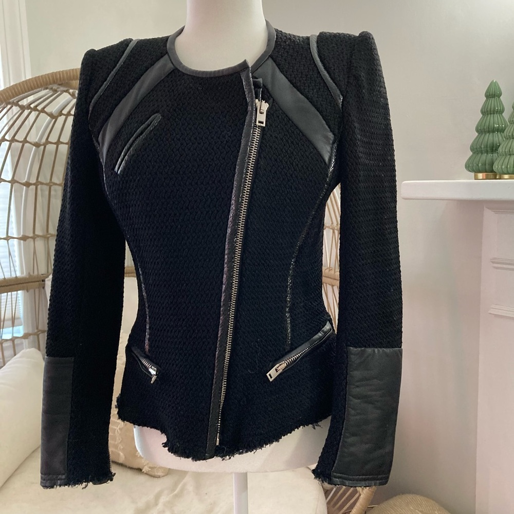 IRO Rysley Black Knit Leather Trim Moto Jacket Size 42 (US 10)‎